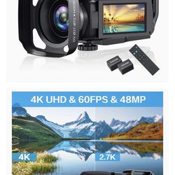 4K Video Camera Camcorder, Vlogging Camera 48MP 60FPS YouTube Camera WiFi Night Vision IPS Touch Screen Video Camera Digital Camera with External Micr