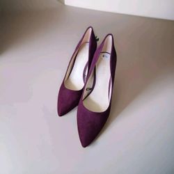 NINE WEST Plum Suede Astoria 9X9 Pointed-Toe Slip-On Block Heel Pumps SZ 6.5