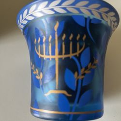 Russ Vintage Blue And GoldGlass Menorah Candle 