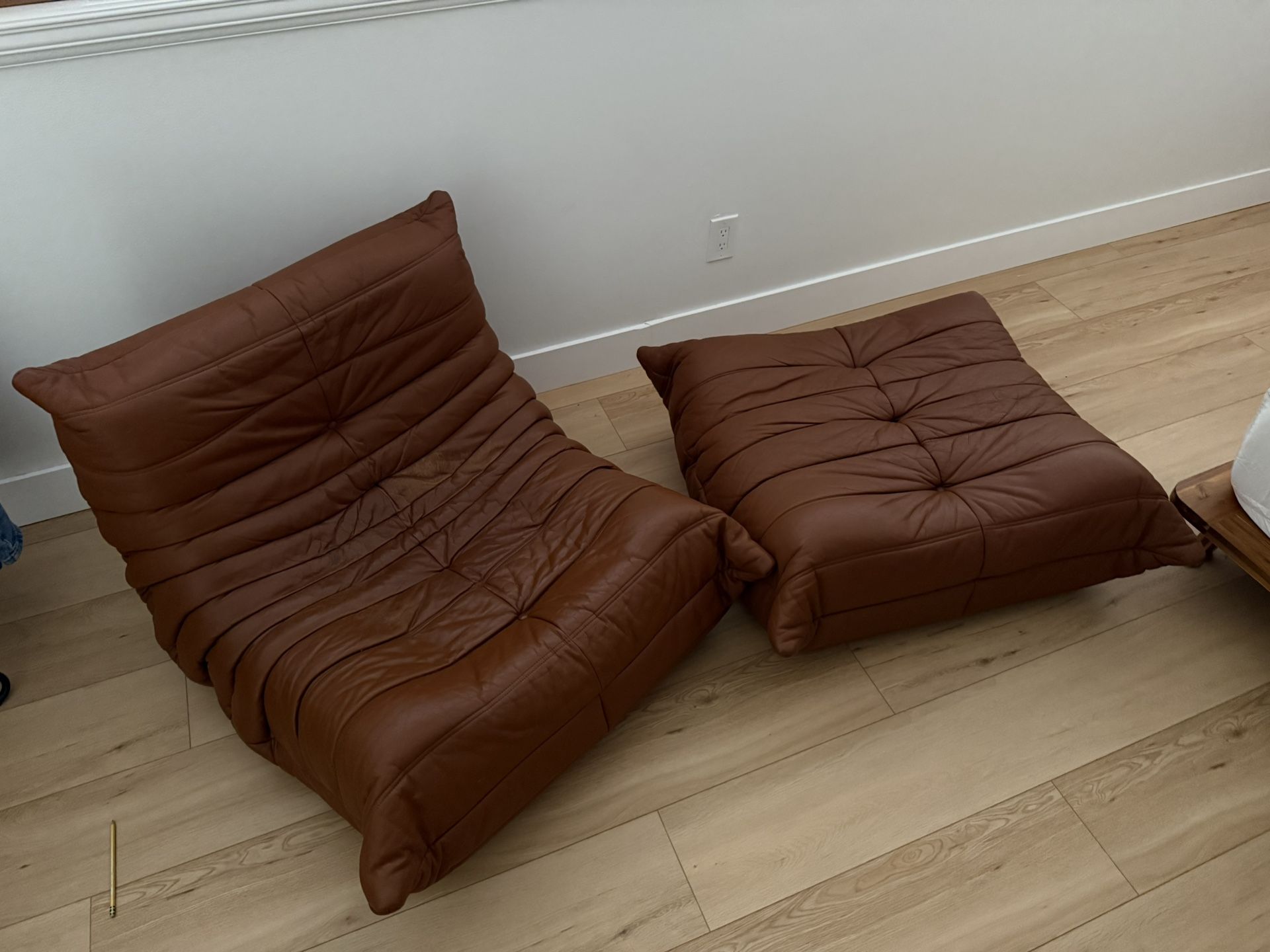 Ligne Roset Togo One Seater & Ottoman Brown Leather Sofas