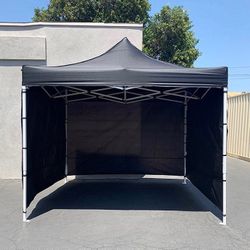 (NEW) $129 Heavy Duty 10x10 ft with 3 Sidewalls, EZ Popup Canopy Outdoor Gazebo, Carry Bag (Black)