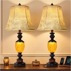 27" Resin Lamps Set of 2, USB A+C Charging Ports, Night Light Center (Bulbs included)