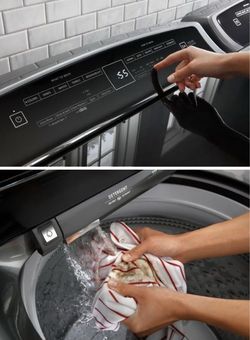 👻 WHIRLPOOL Digital 5.5 cu. ft. IEC - HE Top Load Stainless Steel Drum Washer w/ Water Faucet + Hoses, Charcoal Gray... Value $1600
