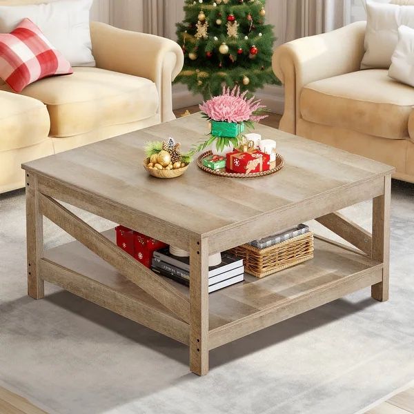 Farmhouse Coffee Table with Shelf, 2-Tier Center Table for Living Room