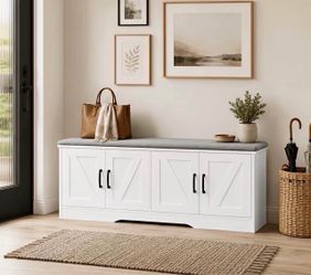 43-Inch Large-Capacity Shoe-Changing Bench, Storage Ottoman, And Long Bench with Four Barn Doors, Designed for Heavy-Duty Storage. Suitable for Entryw