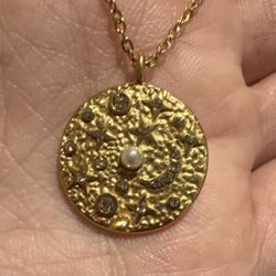 Women round vintage celestial star moon pendant charm pearl necklace 18k gold