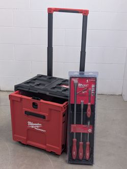 🔥 BRAND NEW MILWAUKEE PACKOUT ROLLING DRAWER BASE & 4-PC PRY BAR SET 🧰 (FIRM)