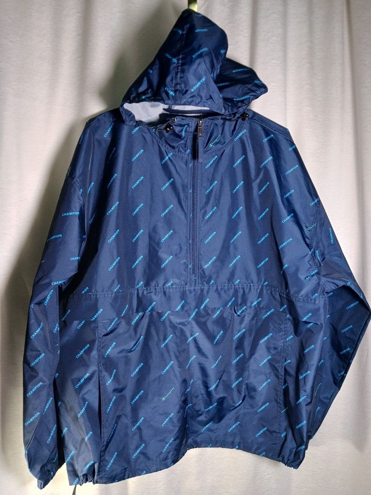 Champion Men's Packable Jacket, X-Large Hoodie Blue Logo Kangroo Pocket  