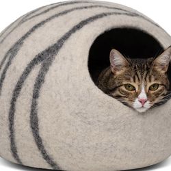 MEOWFIA Cama tipo cueva de fieltro prémium para gatos, hecha a mano, 100% lana merina, para gatos y gatitos (tonos claros) (tamaño mediano, gris claro