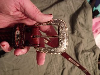 Silver Belt Buckle and Red/Brown Leather Belt