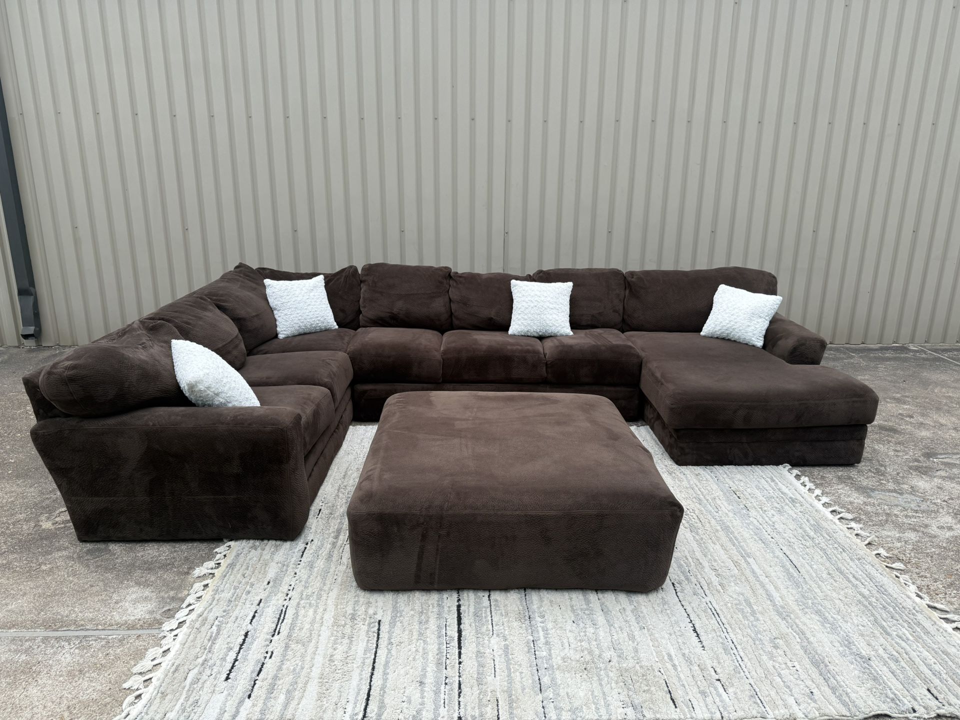 Chocolate Velvet Sectional Couch + Ottoman