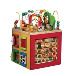 Battat Wooden Activity Cube - 5-Sided Play Center with Bead Maze, Doors Farm-themed with bead maze, peekaboo doors, spinners, zig-zag race and mix-and