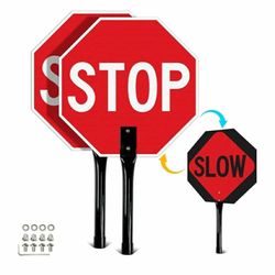  (2 Pack) Stop Slow Sign with Handle, 13 x 13 Inches Double Sided Stop/Slow Traffic Sign, Rust Free Aluminum Reflective, Weather Resistant, Waterproof