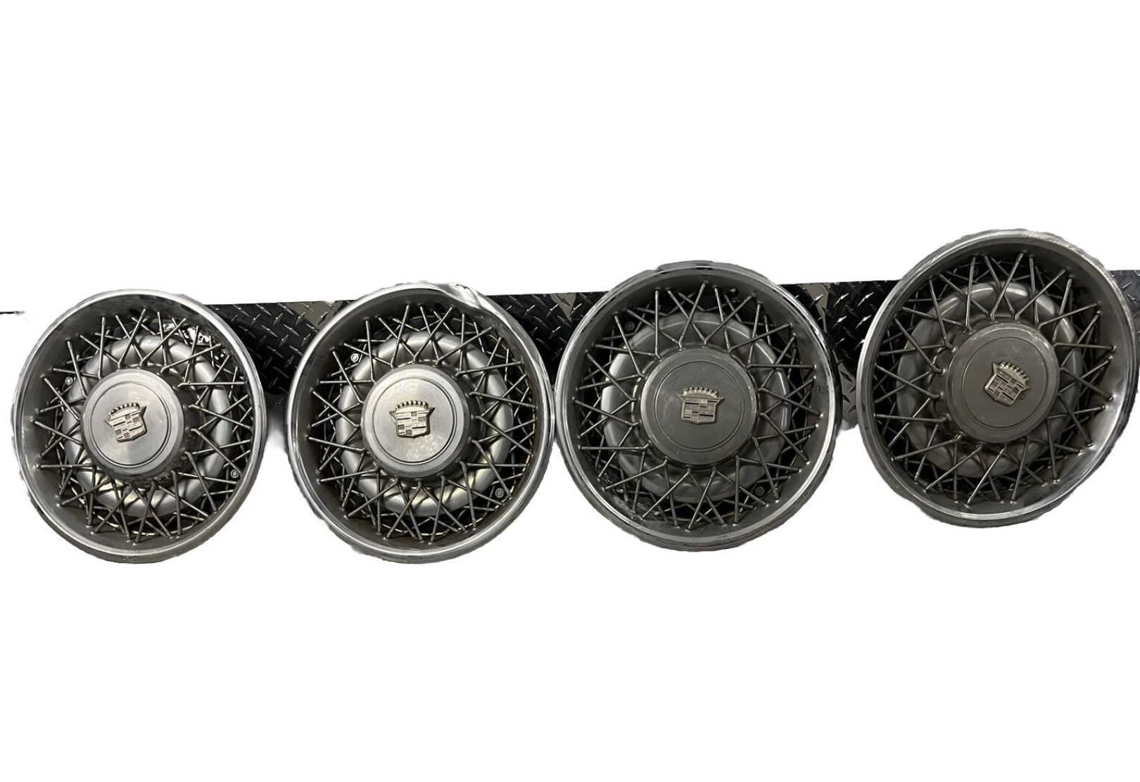 4 Vintage Cadillac Wire Spoke Logo Hubcaps