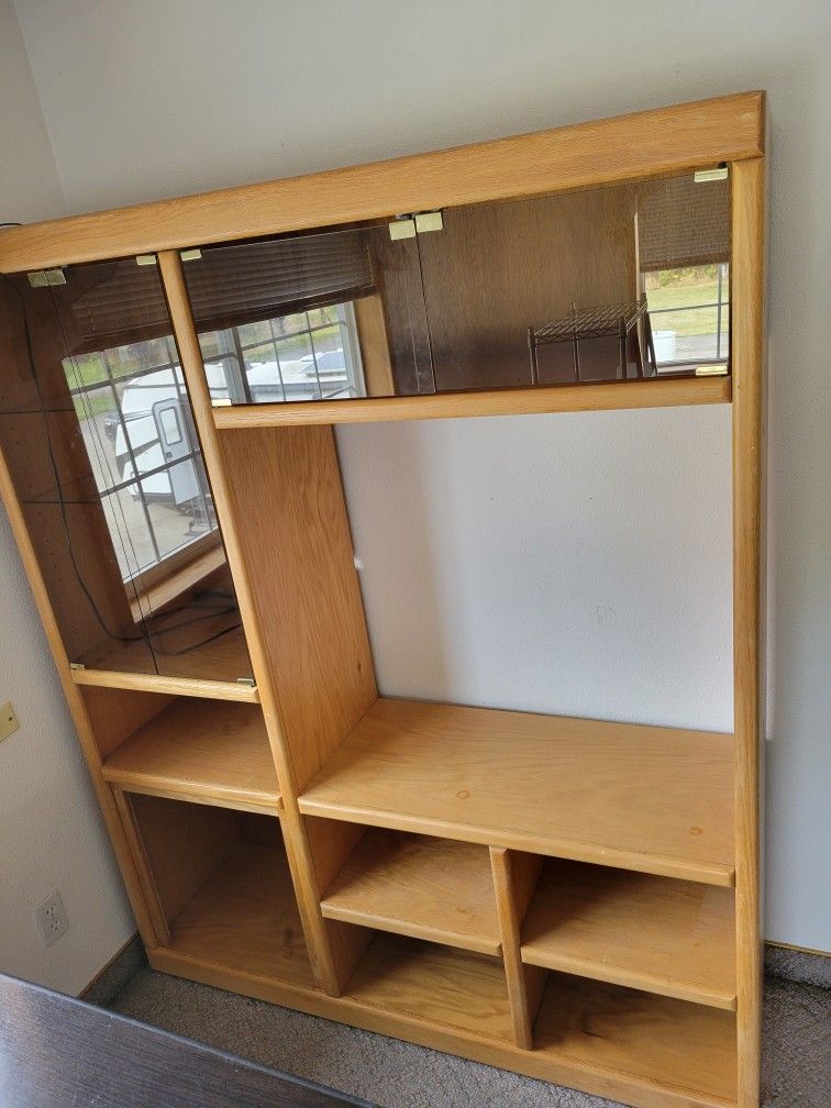 Tall Oak Display Cabinet with Glass Doors – Good Condition