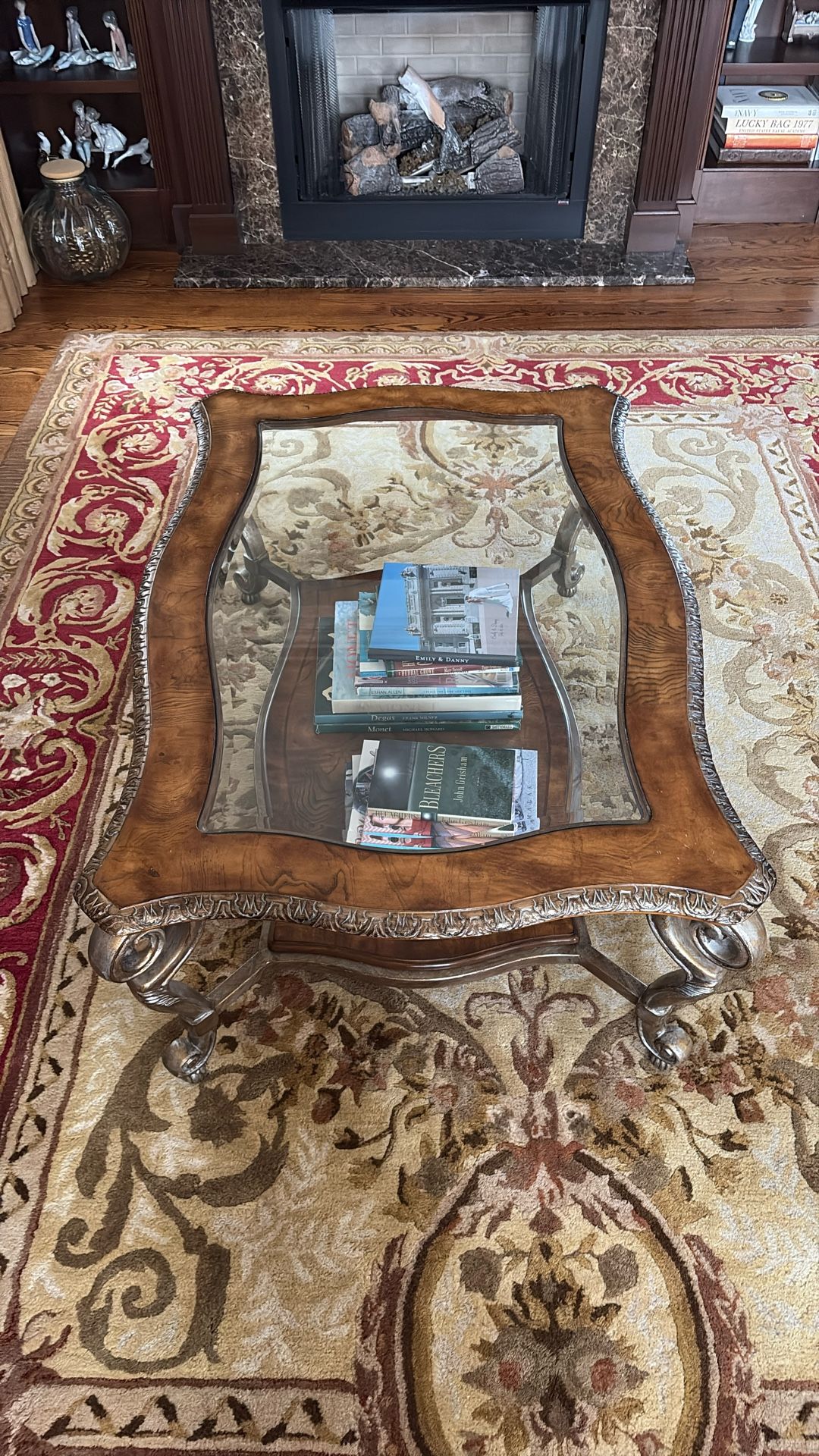 Glass Top Wood And Metal Coffee Table
