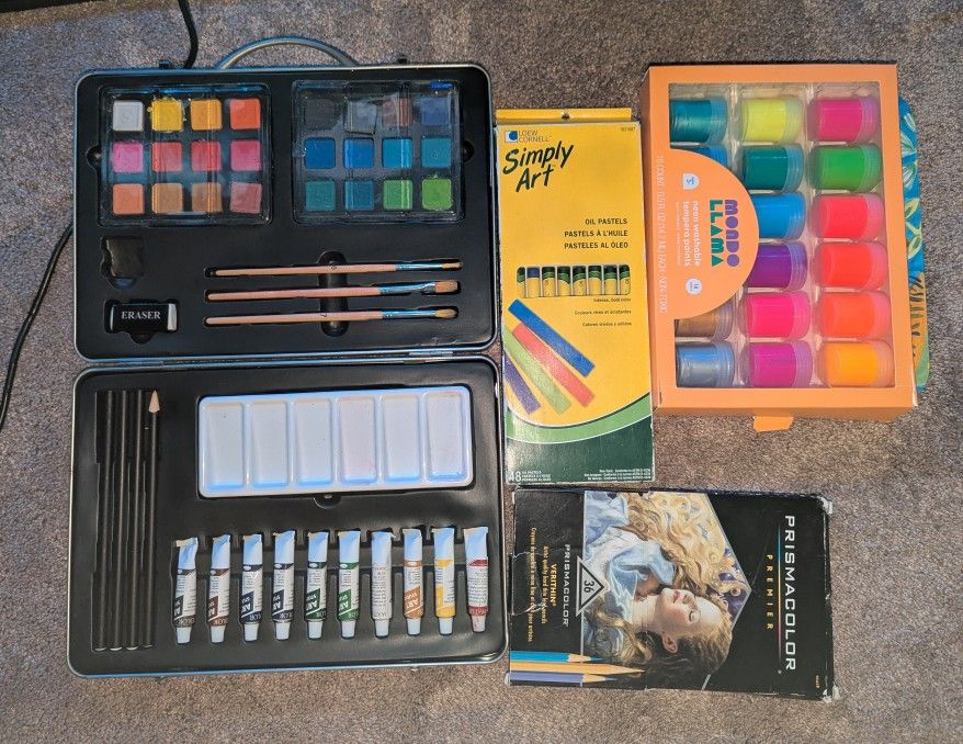 Lot of art supplies - oil pastels, colored pencils, water color/acrylic paint, tempura paint