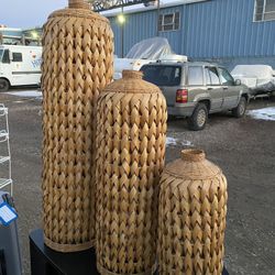 3 Matching Woven Wicker Rattan Decorative Vase Baskets 