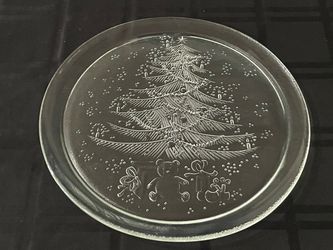 Vintage 13-inch clear glass Christmas tree serving platter made by Duralex..