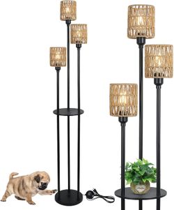 Boho Floor Lamp with Shelves, 3-Lights Farmhouse Tall Floor Lamp with ON/OFF Foot Switch, Rustic Standing Lamp with Rattan Shades for Living Room Bedr