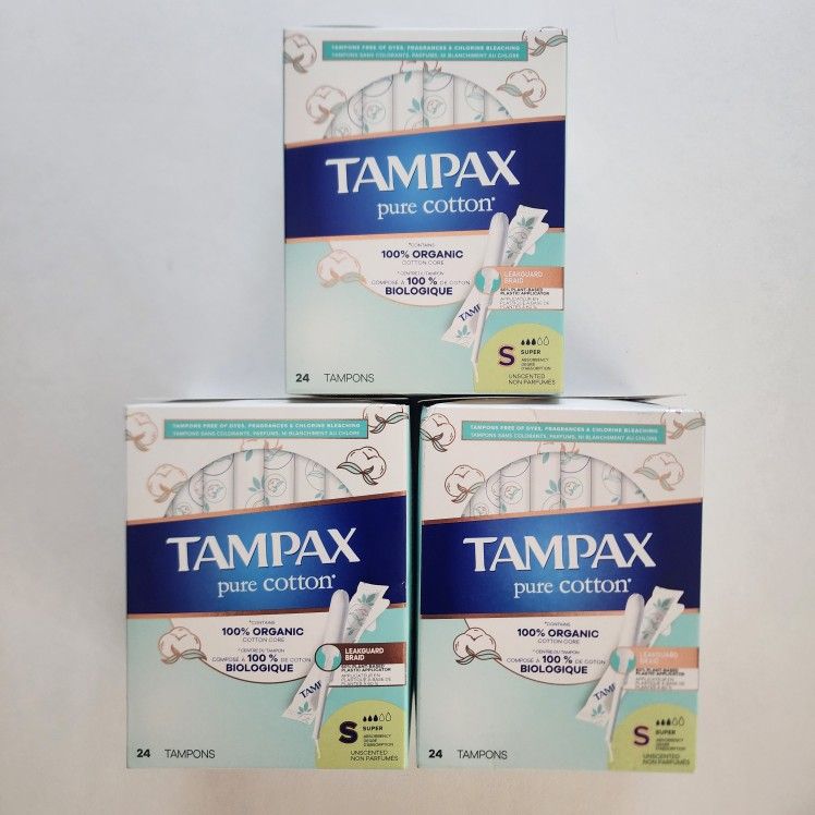 3 Tampax Pure Cotton Tampons Super 24 CT