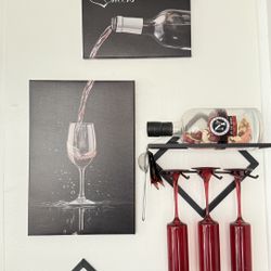 Wine Wall Decor Set – Wall Art, Wine Racks, Red Glasses & Light