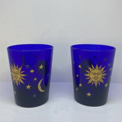 2 Set /Vintage Cobalt Blue Libbey Celestial Moon Sun Stars Tumbler/Glass