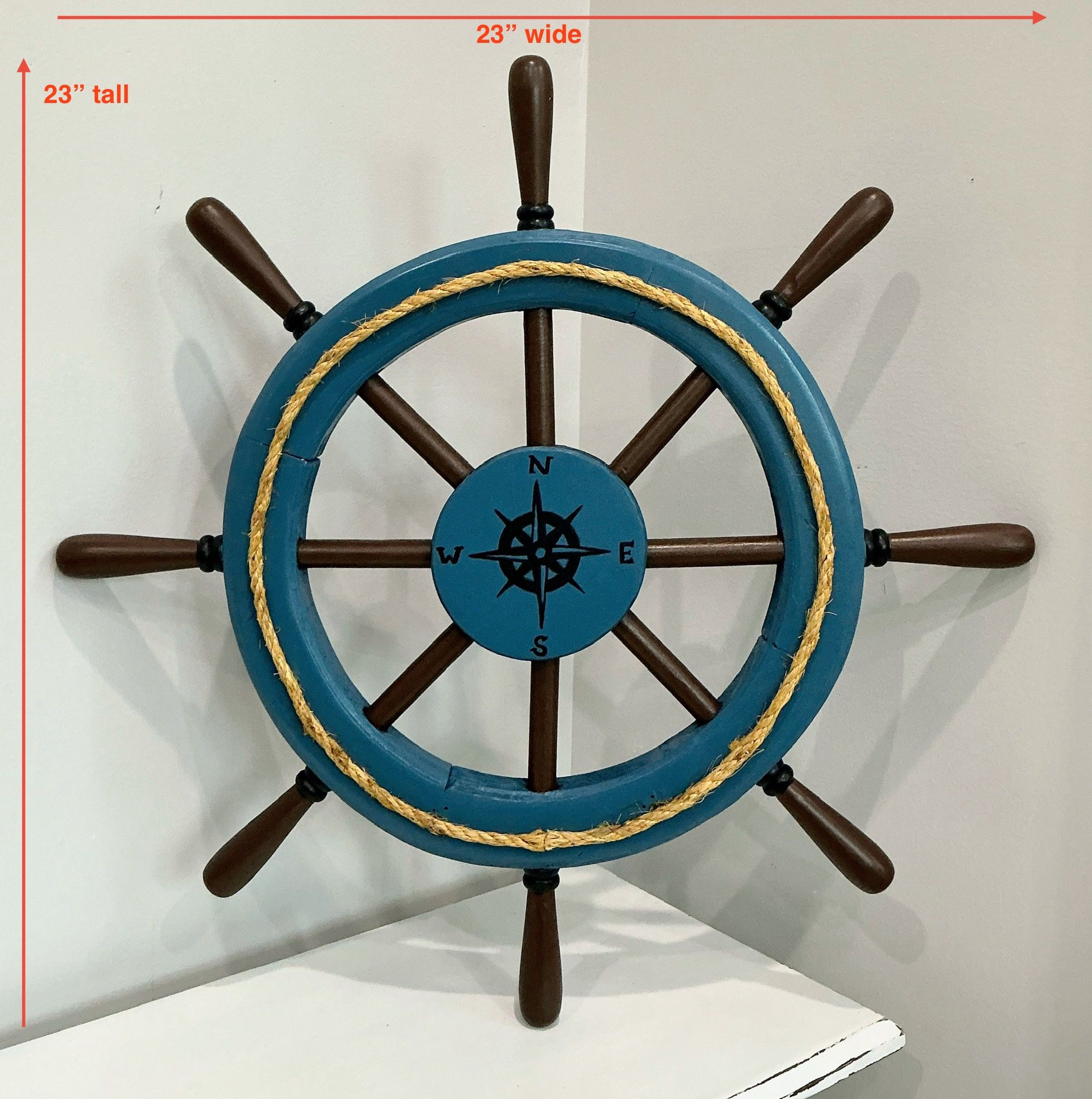 Custom Crafted/Hand Painted Wood Coastal Blue & Brown Hanging Ship’s Wheel w Compass Center & Rope