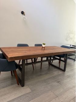 Reclaimed Wood Dining Table + 6 Navy Upholstered Chairs | 86” |