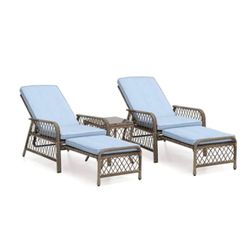 3-Piece Gray Wicker Rattan Outdoor Chaise Lounge, Patio Lounge Chairs 5 Position with Blue Cushions and Coffee table