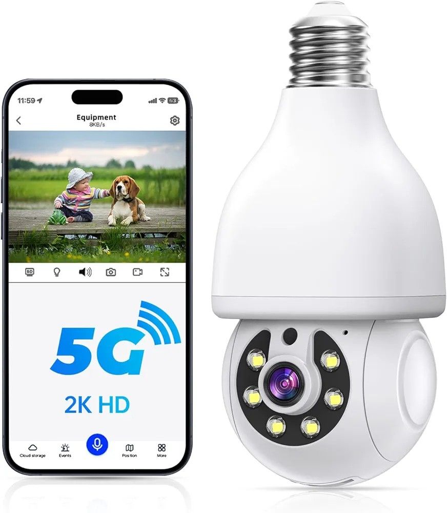 Light Bulb Security Camera -5G& 2.4GHz WiFi 2K Security Cameras Wireless Outdoor Motion Detection,Full Color Night Vision,Siren Alarm,Two-Way Call