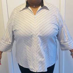 Plus Size White, Black and Silver Front Zip Up Pinstripe Women’s Shirt Size 3X