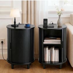 Black Round End Table With Charging Station