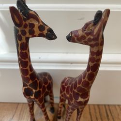 Vintage 8.5" Tall Skinny Giraffes Hand Carved Wooden Statue Pair Home Decor. Condition is pre owned and perhaps show some signs for wear from age and 