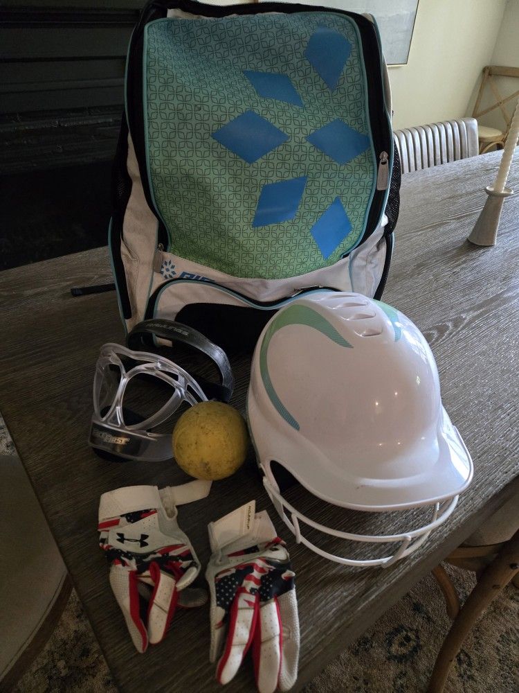Softball bat bag, gloves, helmet and ripit