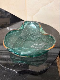 Art glass aqua green bowl controlled bubbles ashtray