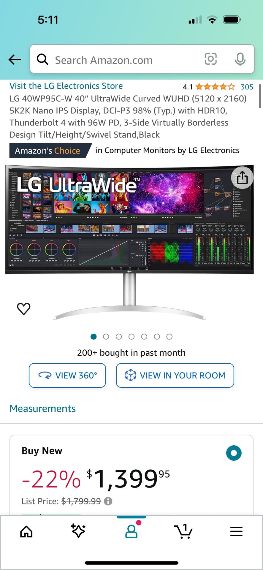 Computer monitor- LG 40WP95C-W 40” UltraWide Curved WUHD (5120 x 2160) 5K2K 