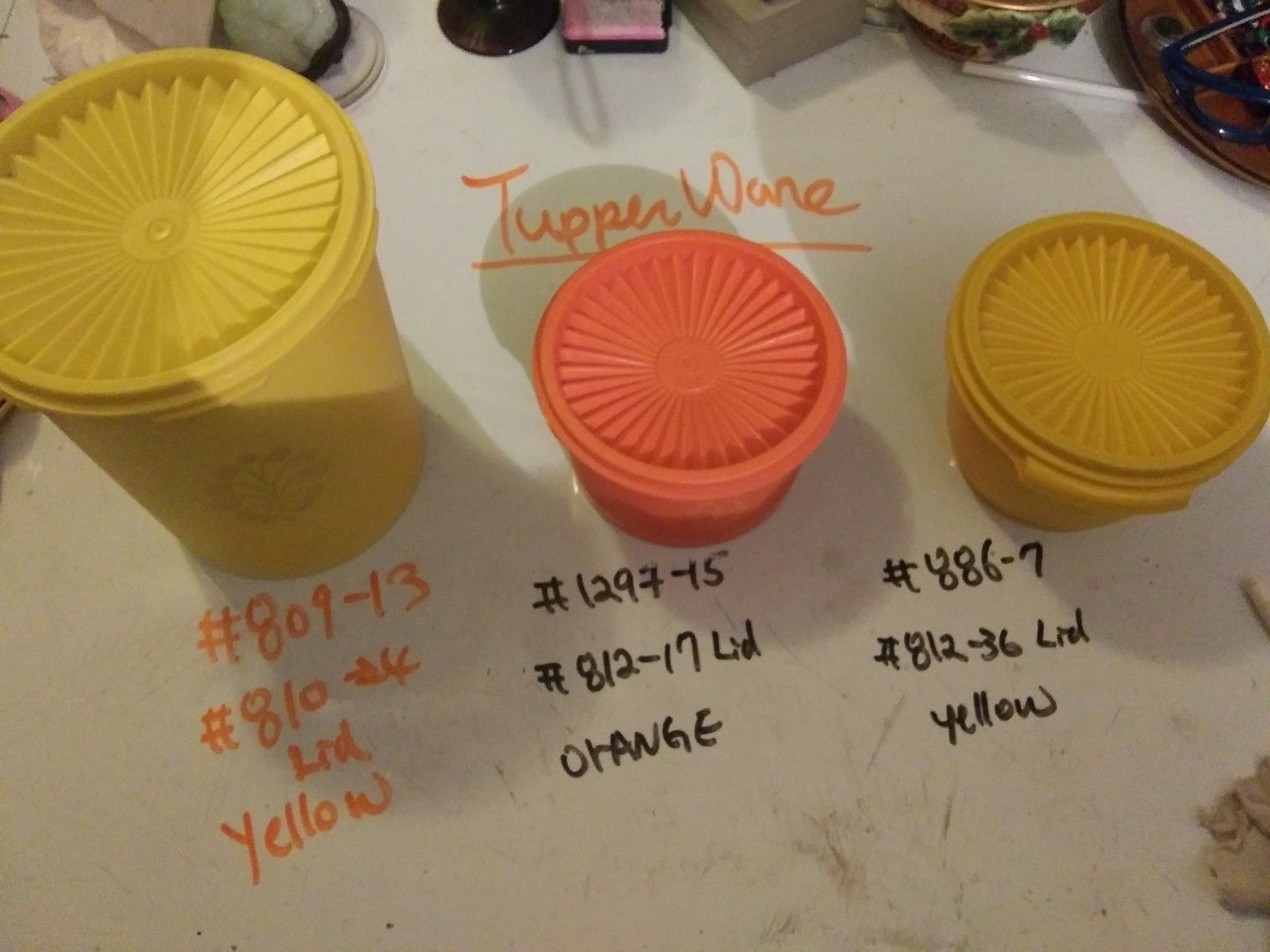 Lot of 3 vtg Tupperware Canisters: yellow 809, orange 1297, yellow 886. W/lids