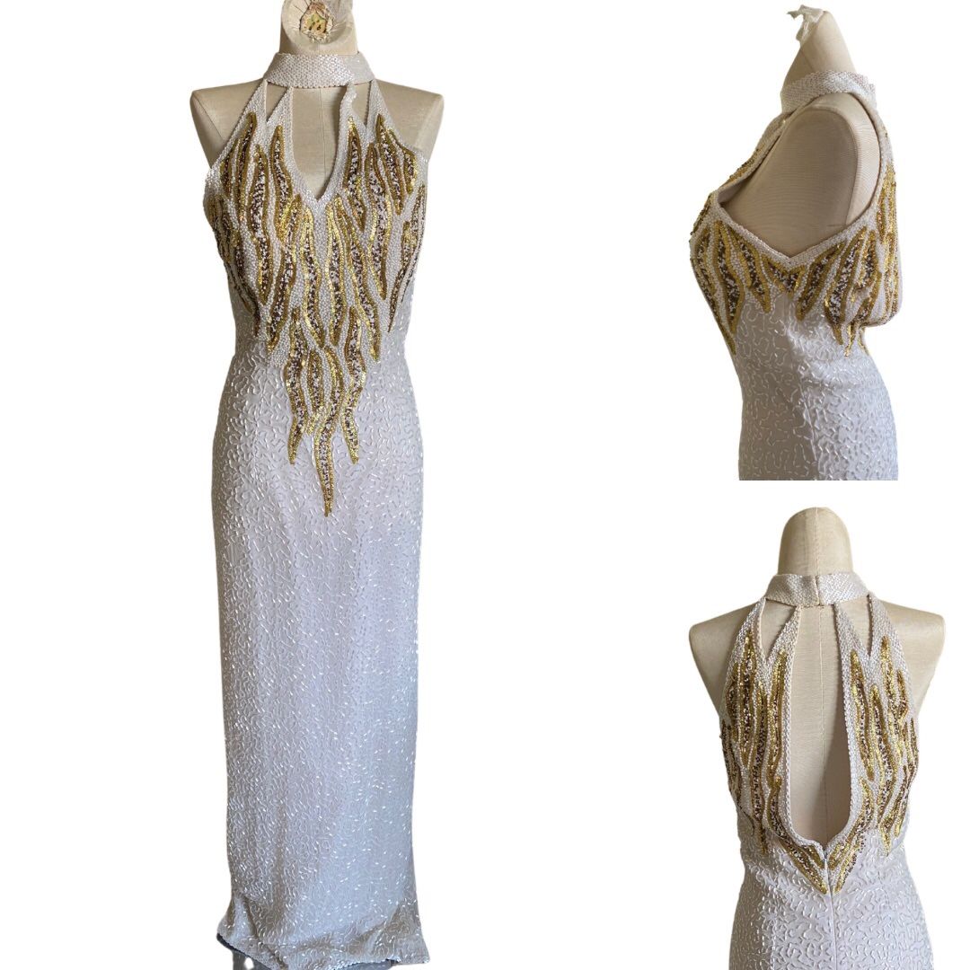 Vintage White & Gold Formal Beaded Dress 
