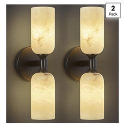 HOT!! LMQNINE Natural Alabaster Wall Sconces Set Of Two Modern Black Wall Lamp14in Milky White