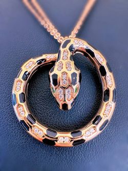 Jewelry 18k solid rose gold 0.2CTW Natural Diamond 0.03CTW Emerald stone Necklace 24” Chain Snake Pendant