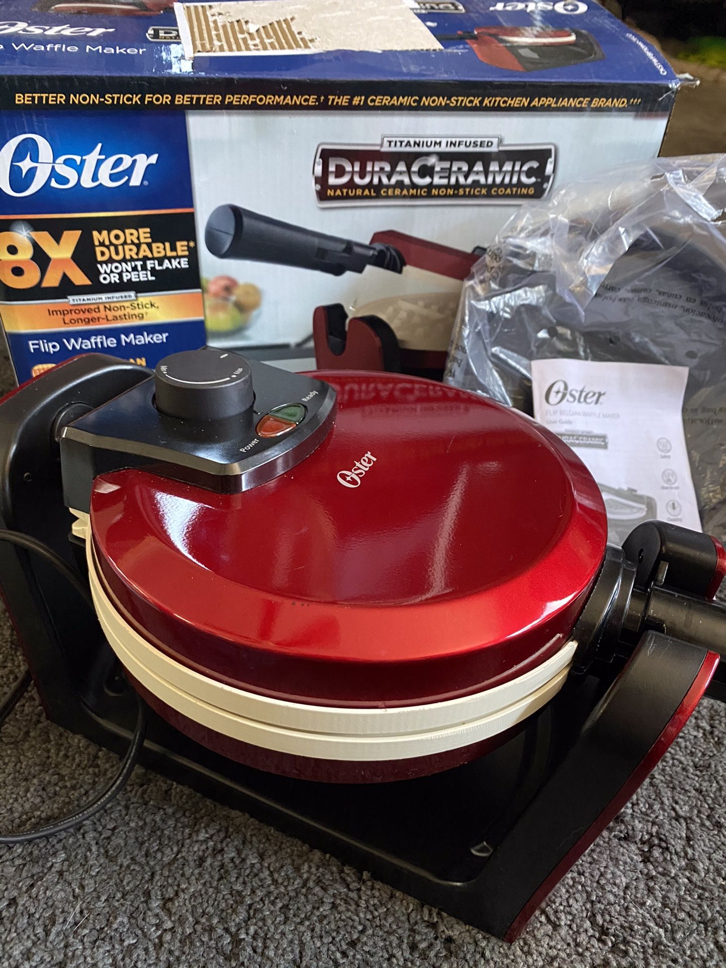 Oster Titanium Infused DuraCeramic[VP23][TA24] Flip Waffle Maker, Candy Apple Red (CKSTWFBF10MR-TECO)