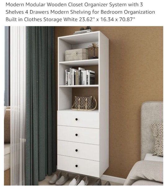 Modern Modular Wooden Closet Organizer System with 3 Shelves 4 Drawers Modern Shelving for Bedroom Organization Built in Clothes Storage White 23.62''