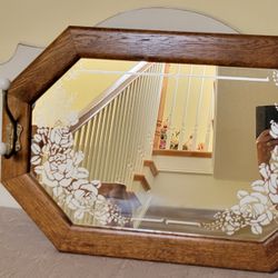 Oak Etched Glass Mirror With Coat/Hat Hooks