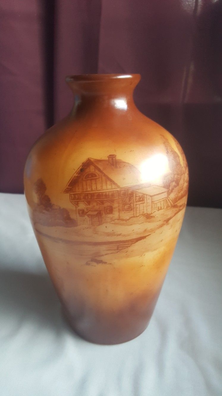 Antique Bohemian Painted Milk Glass Vase Cottage Landscape