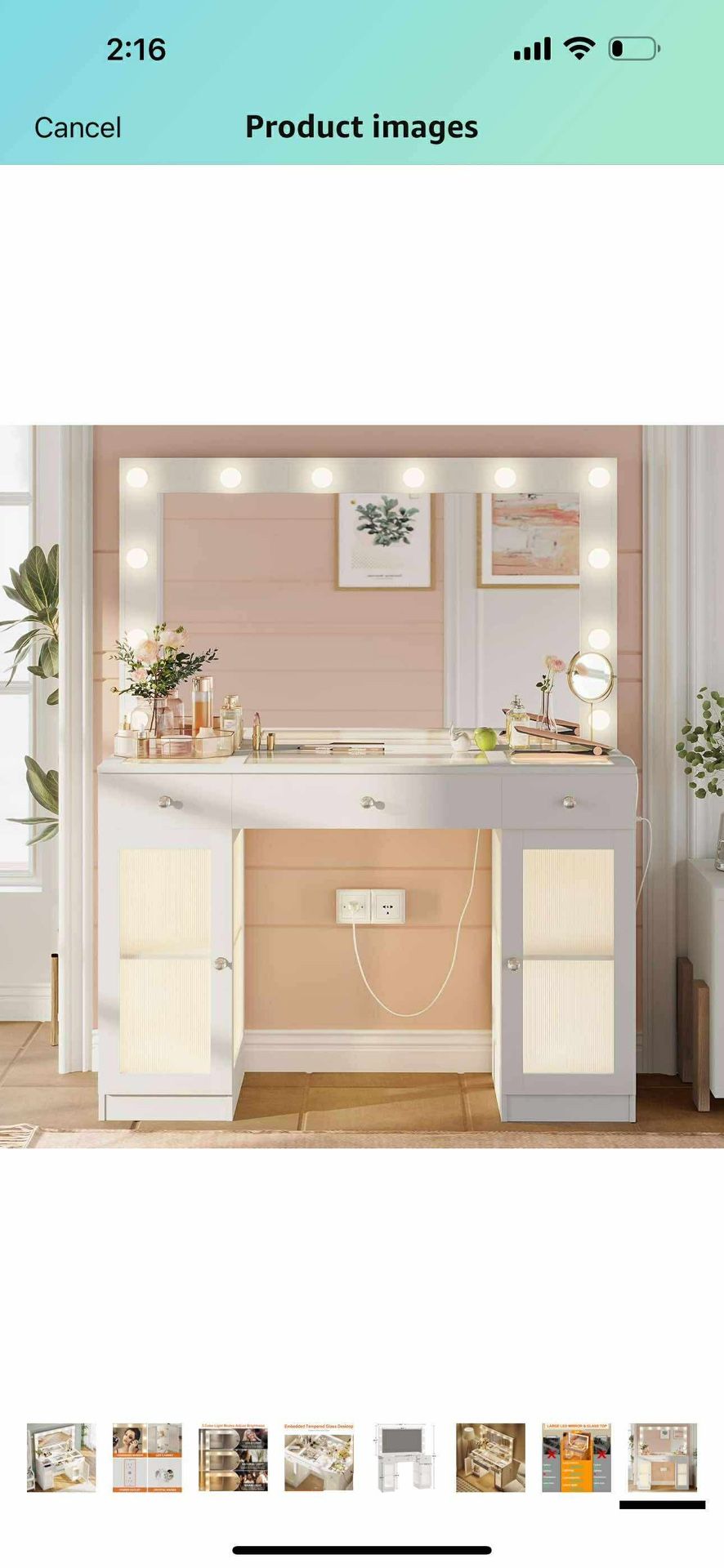 Vanity Desk with Large Mirror and Lights, Glass Top Makeup Vanity with Lights & Power Outlet for Bedroom, 3 Color Lighting Modes, White Dressing Table