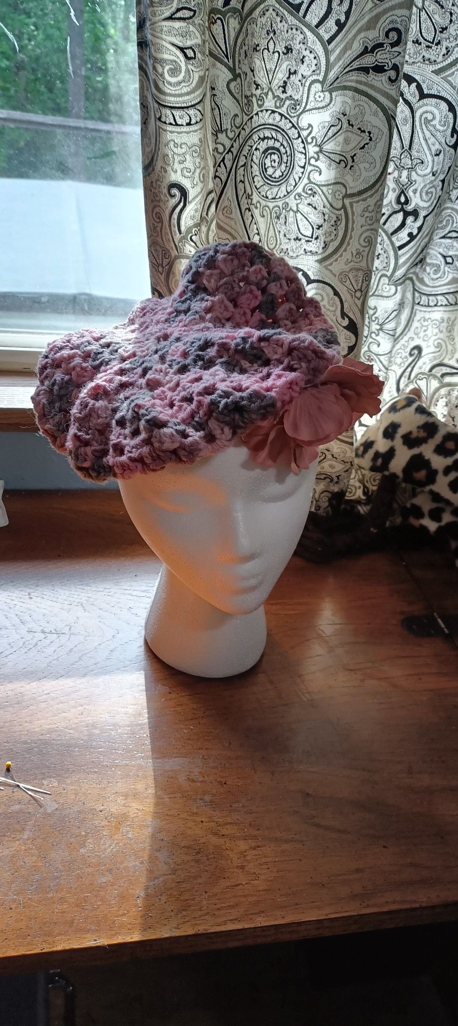 Pink And Grey Crochet Hat With Flower Pin