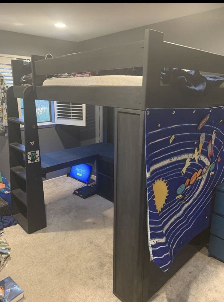 Black Loft Bed with Desk and Storage Space