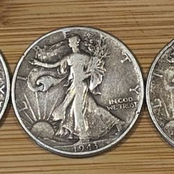 3 EALING LIBERTY HALF DOLLARS! 90% SILVER! 1942,1943,1944!