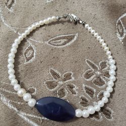 White pearl and blue bracelet